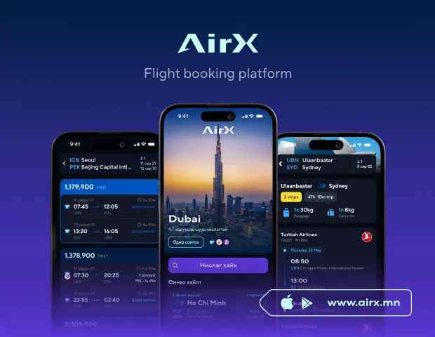 AirX flight booking app on three phones